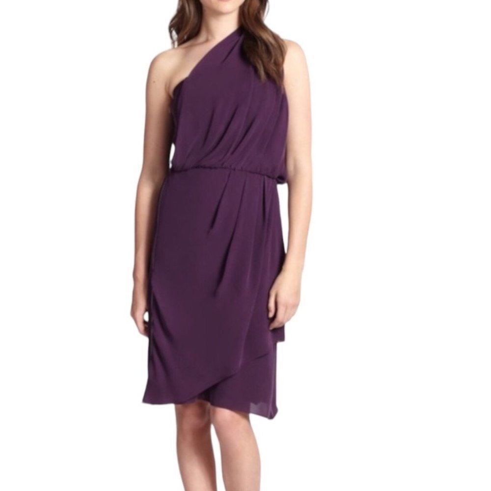 REBECCA TAYLOR Purple Eggplant One Shoulder Greek Sheer Evening Dress Size 0